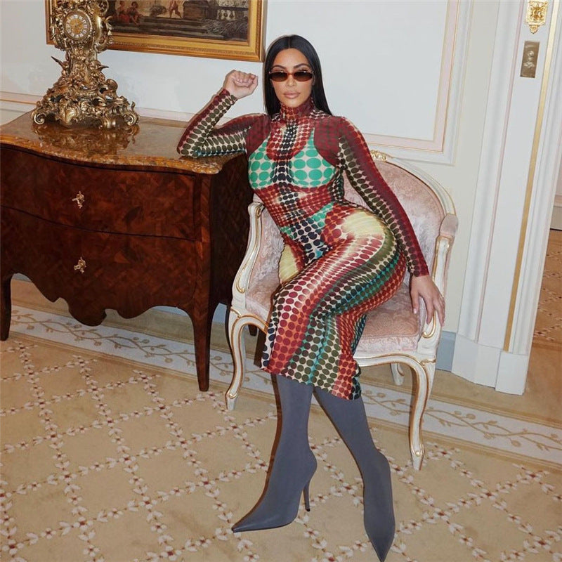 Long Sleeve Aesthetic Print Maxi Dress Turtleneck Fitness Stretchy Slim Clubwear