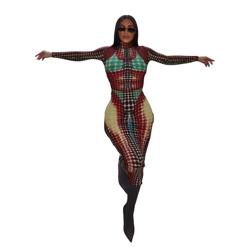 Long Sleeve Aesthetic Print Maxi Dress Turtleneck Fitness Stretchy Slim Clubwear