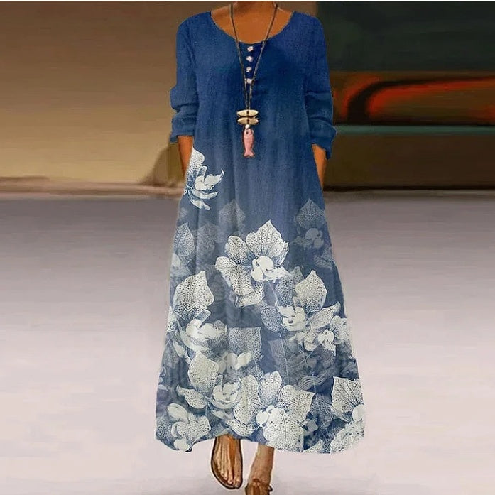 Floral Print Loose V-neck Long Sleeve Casual Maxi Dress
