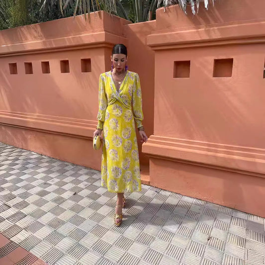 Summer Women's Yellow Cross Print Maxi Dress
