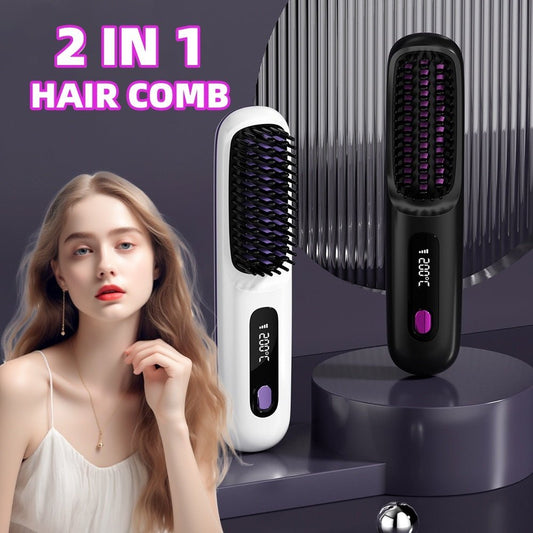 2 In 1 Straight Hair Comb Wireless Hair Straightener Brush Hair Fast Heating Portable Hot Curler USB Charging - sidwish
