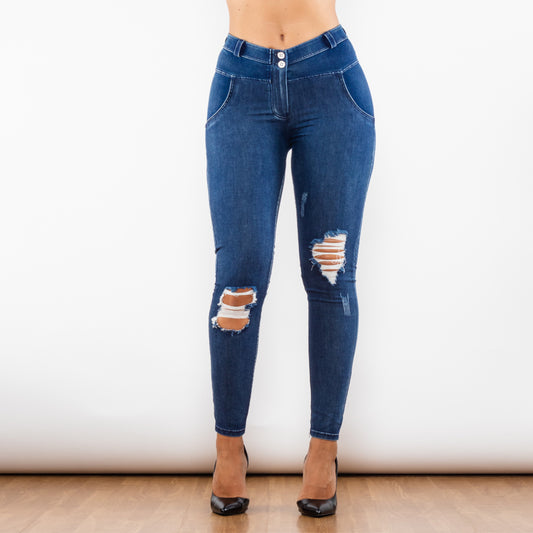 Melody Blue Washed Ripped Middle Waist Ripped Blue Lifting Jegging Jeans - Sidwish