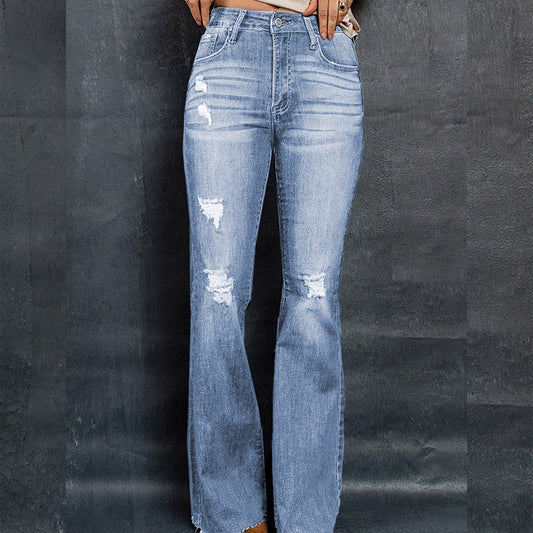 European And American High Waist Slim Denim Washed And Frayed Wide Leg Pants Trousers - Sidwish