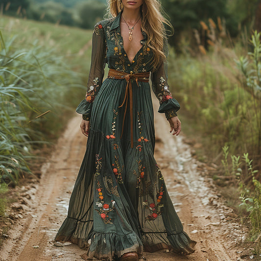Women's Turn-Down Collar Button-Up Long Sleeve Floral Print Dress With Ruffles Cuffs & Hem Spring Summer Beach Maxi Dress