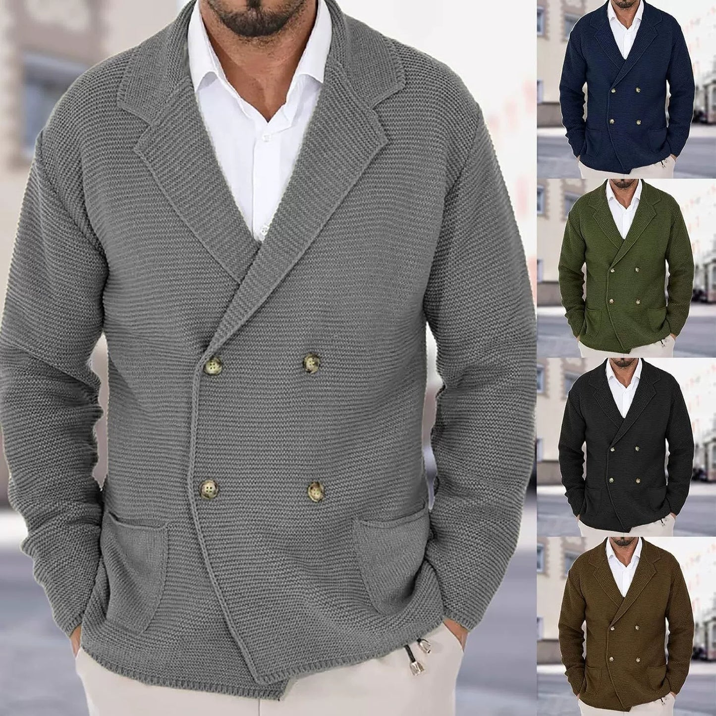 Cardigan Lapel Sweater Coat For Men Fall Winter Slim Double Breasted Sweaters Business