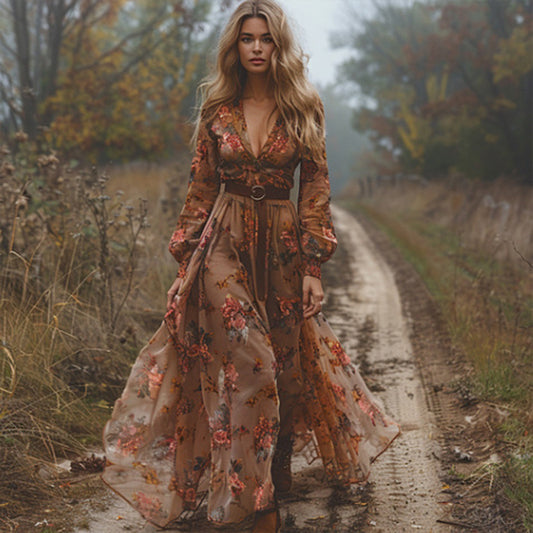 Women's V-Neck Floral Print Long Sleeve Dress With Cuffed Sleeves Flowy Maxi Summer Vacation Party Dress
