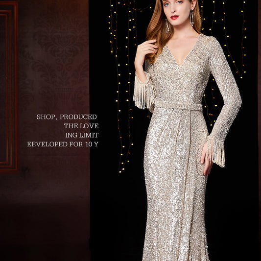 Temperament Banquet Ladies Sequined Annual Meeting Host Long Evening Dress - Sidwish