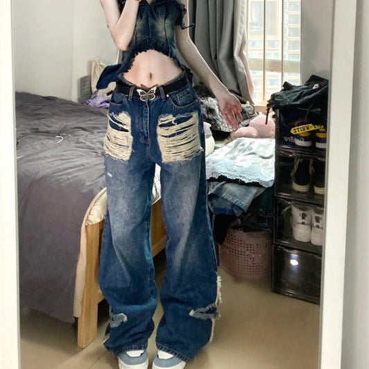 High Waist Slimming Holes Tasseled Jeans - Sidwish