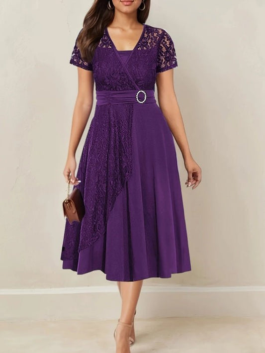 Asymmetrical Hem Short Sleeve V - neck Cross Elegant Solid Color Rhinestone Dress - sidwish