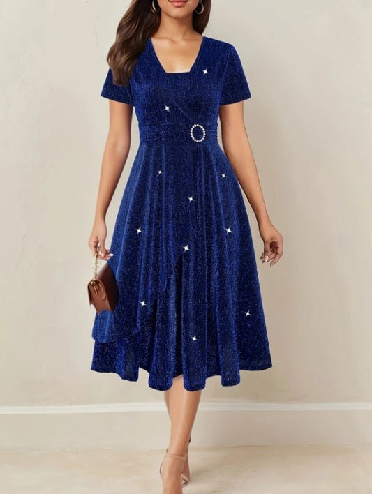 Asymmetrical Hem Short Sleeve V - neck Cross Elegant Solid Color Rhinestone Dress Blue - sidwish