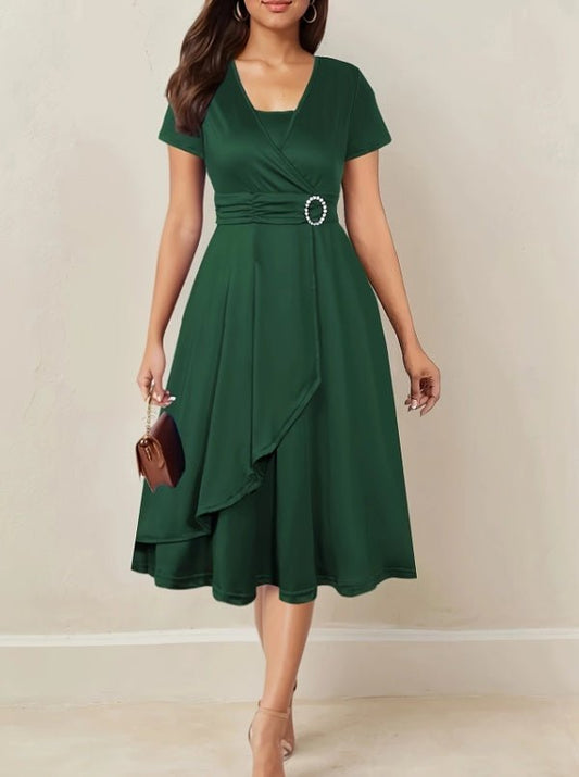 Asymmetrical Hem Short Sleeve V - neck Cross Elegant Solid Color Rhinestone Dress Green - sidwish