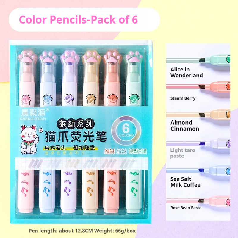 Cartoon Cat's Paw Fluorescent Pen Six Suit