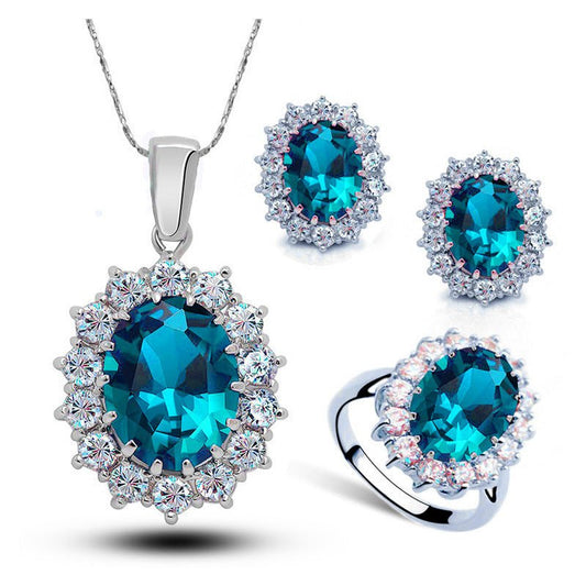 Crystal Jewelry Bridal Necklace Earrings Ring Jewelry Set - sidwish