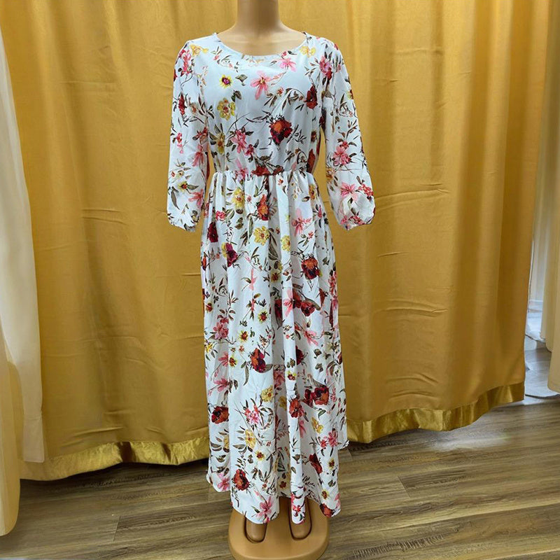 Women's Elegant Floral Print Boho Dress - Round Neck Half Sleeves Flowy Maxi Dress
