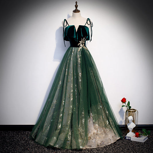 Banquet Sling Temperament Long Dress Dark Green Fantasy Mori - Sidwish