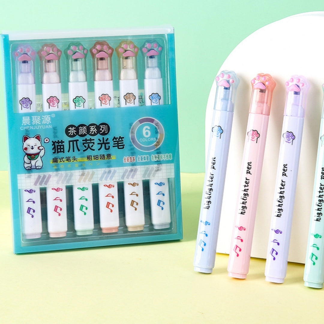 Cartoon Cat's Paw Fluorescent Pen Six Suit