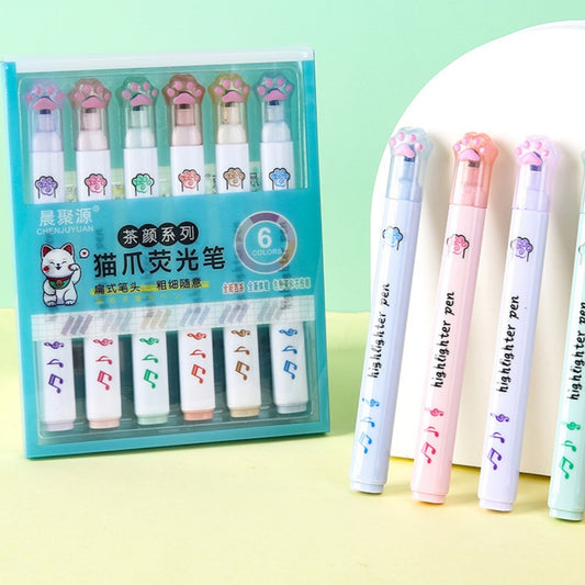 Cartoon Cat's Paw Fluorescent Pen Six Suit