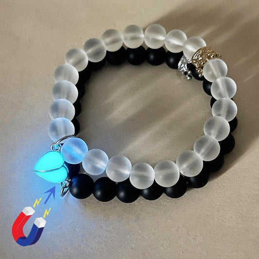 Fashion Jewelry 2pcs Handmade Crown Beaded Charms Bracelet Luminou Heart Glow In The Dark Couple Bracelet For Lover Men Women Fluorescent Gift - sidwish