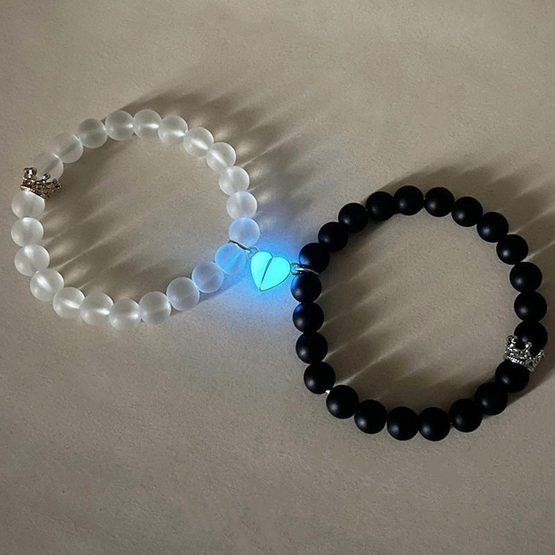 Fashion Jewelry 2pcs Handmade Crown Beaded Charms Bracelet Luminou Heart Glow In The Dark Couple Bracelet For Lover Men Women Fluorescent Gift - sidwish