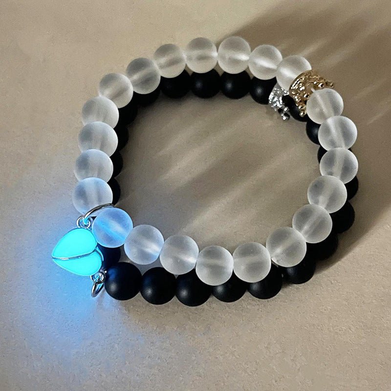 Fashion Jewelry 2pcs Handmade Crown Beaded Charms Bracelet Luminou Heart Glow In The Dark Couple Bracelet For Lover Men Women Fluorescent Gift - sidwish
