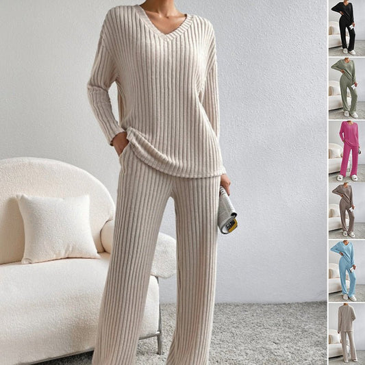 Fashion Solid Striped Suit V - neck Long - sleeved Top And Casual Straight Pants Loose Temperament Women's Clothing - sidwish