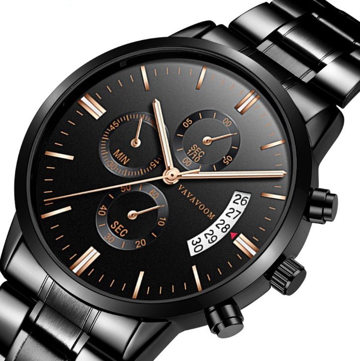 Men''s Stainless Steel Watches with Business Leisure Calendar Quartz Watches Waterproof Black Refined Steel Watches - sidwish