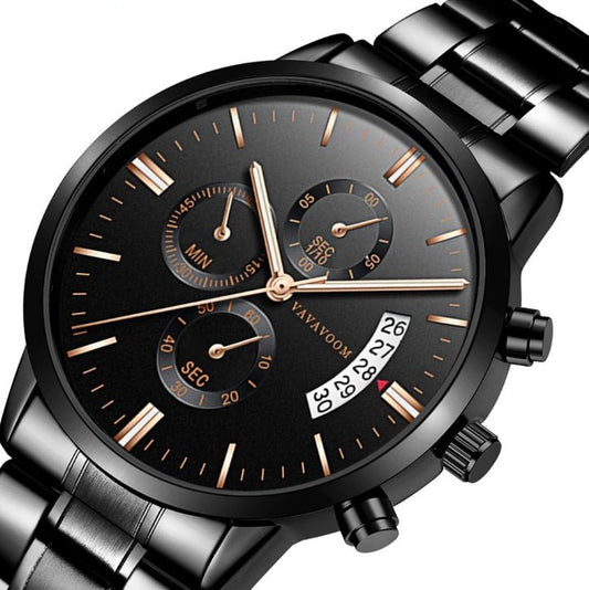 Men''s Stainless Steel Watches with Business Leisure Calendar Quartz Watches Waterproof Black Refined Steel Watches - sidwish