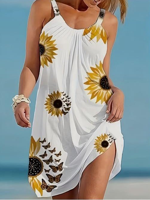 Plus Size Sleeveless Camisole Sunflower Printed Vest Elegant Wrap Women's Sexy Party Casual Loose Dresses - sidwish