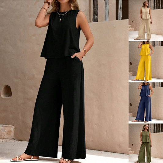 Solid Color Casual Loose Pants Sets For Women Elegant Spring Summer Women's Two Pieces Suit Full Trouser Set Female Outfit Clothes - sidwish