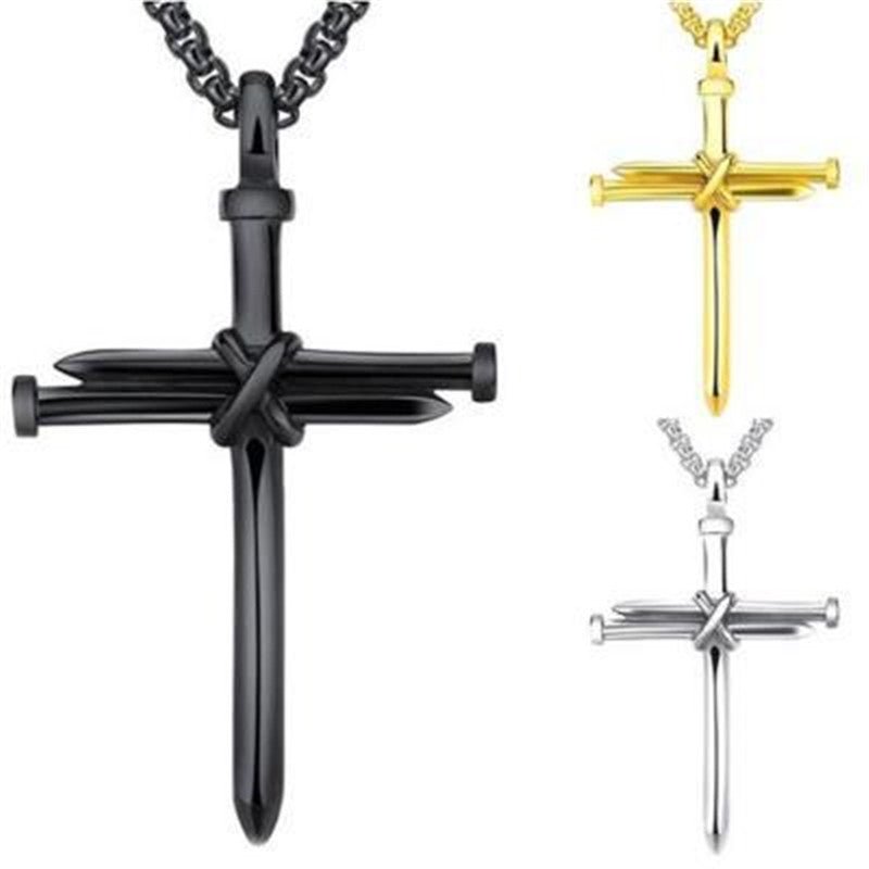 Steel Gold Black Color Fashion Mens Iron Nail Cross Pendant Necklace Stainless Steel 3mm Round Box Chain Jewelry Gift For Men - sidwish