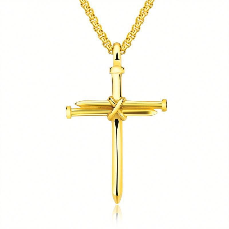 Steel Gold Black Color Fashion Mens Iron Nail Cross Pendant Necklace Stainless Steel 3mm Round Box Chain Jewelry Gift For Men - sidwish