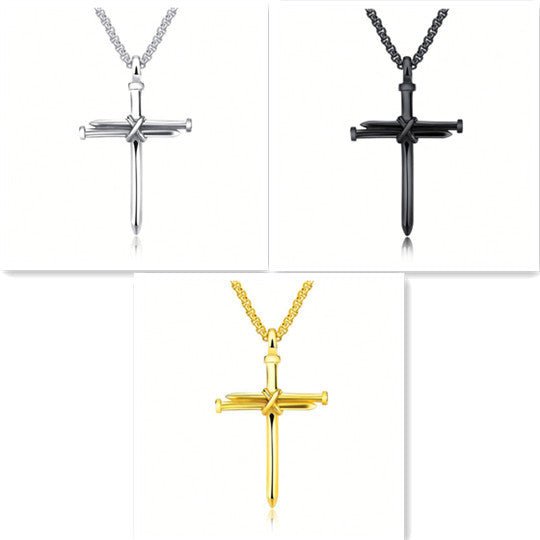 Steel Gold Black Color Fashion Mens Iron Nail Cross Pendant Necklace Stainless Steel 3mm Round Box Chain Jewelry Gift For Men - sidwish