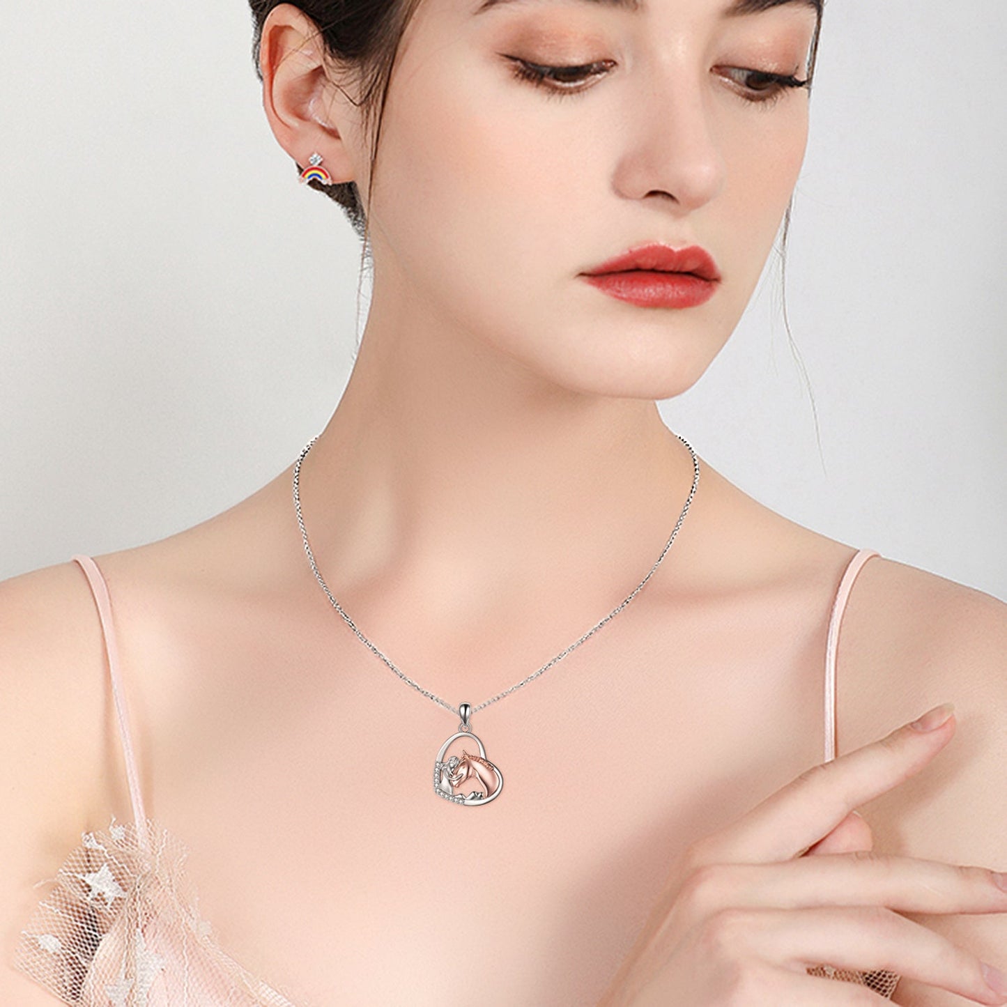 Sterling Silver Girls Embrace Horse Heart Pendant Necklace for Women Girls - sidwish