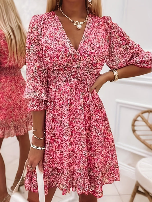 V - neck Printed Dress With Ruffled Sleeves And Waist - exquisite And Elegant Design For Women - perfect For Women's Wear In Spring And Autumn. - sidwish