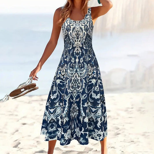 Women Floral Summer Maxi Dress Casual Beach Printed Sleeveless Boho Flowy Tank Sundress - sidwish