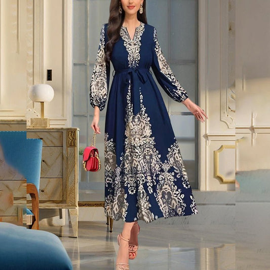 Women's Bohemian Floral Print Dress Ethnic Middle Eastern Style Long Sleeve Tiered Maxi Dress With Drawstring Waist - sidwish
