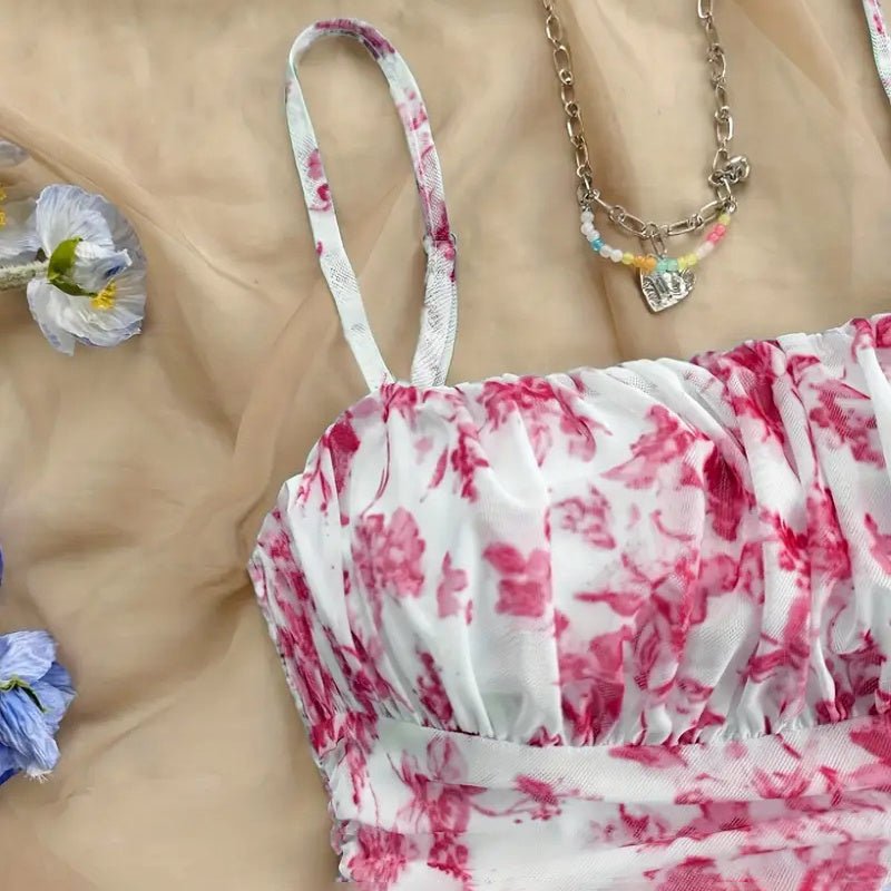 Women's Boho Floral Print Mini Dress Spaghetti Strap Ruched Ruffle Hem Vacation Sundresses - sidwish