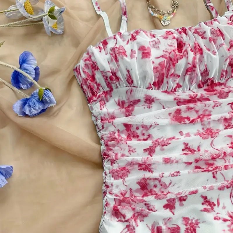 Women's Boho Floral Print Mini Dress Spaghetti Strap Ruched Ruffle Hem Vacation Sundresses - sidwish
