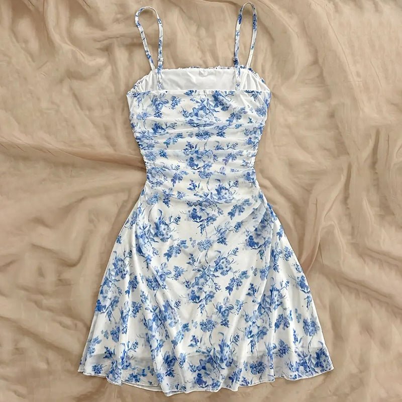 Women's Boho Floral Print Mini Dress Spaghetti Strap Ruched Ruffle Hem Vacation Sundresses - sidwish
