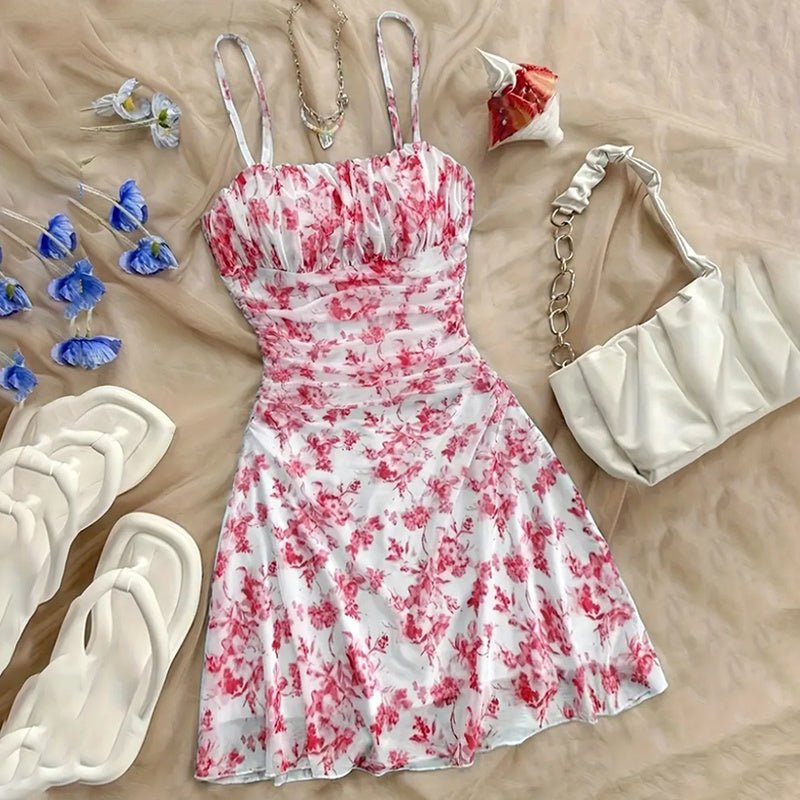Women's Boho Floral Print Mini Dress Spaghetti Strap Ruched Ruffle Hem Vacation Sundresses - sidwish