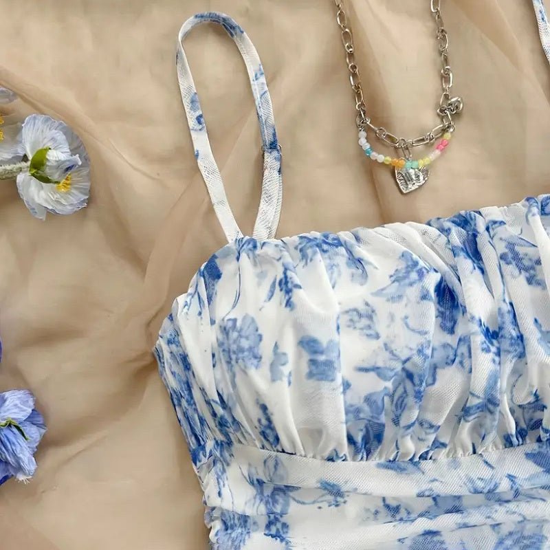 Women's Boho Floral Print Mini Dress Spaghetti Strap Ruched Ruffle Hem Vacation Sundresses - sidwish