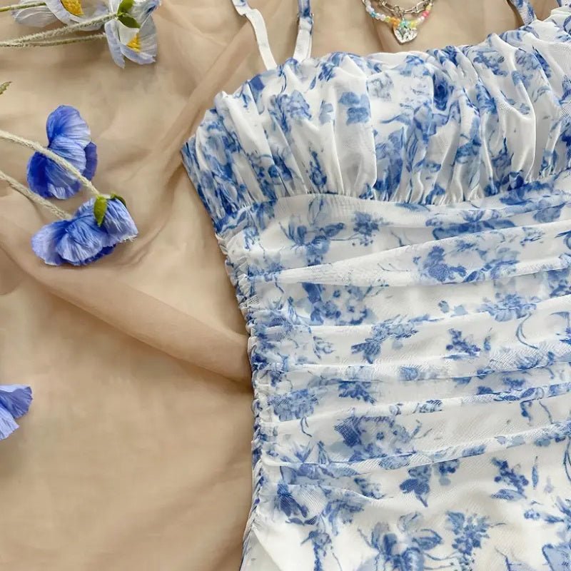 Women's Boho Floral Print Mini Dress Spaghetti Strap Ruched Ruffle Hem Vacation Sundresses - sidwish