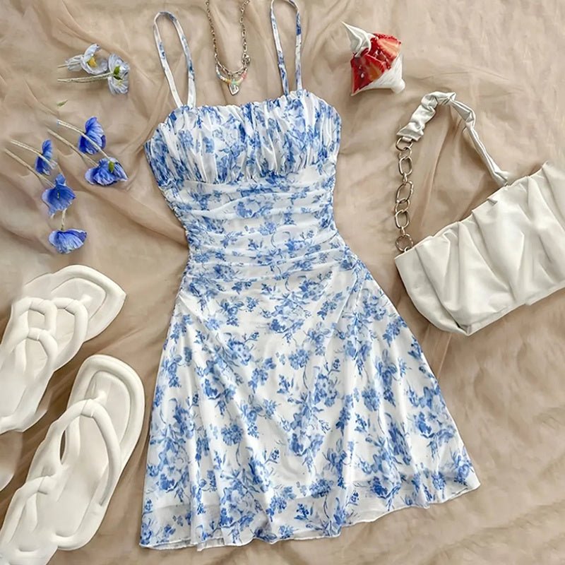 Women's Boho Floral Print Mini Dress Spaghetti Strap Ruched Ruffle Hem Vacation Sundresses - sidwish
