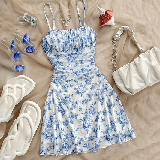 Women's Boho Floral Print Mini Dress Spaghetti Strap Ruched Ruffle Hem Vacation Sundresses - sidwish