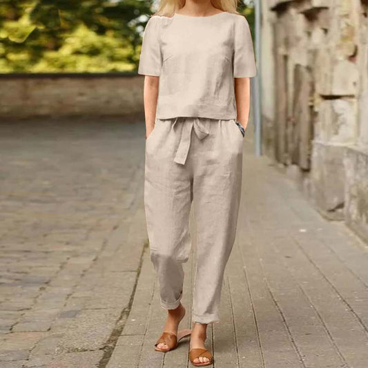 Women's Cotton And Linen Wide - leg Pants Suit - sidwish