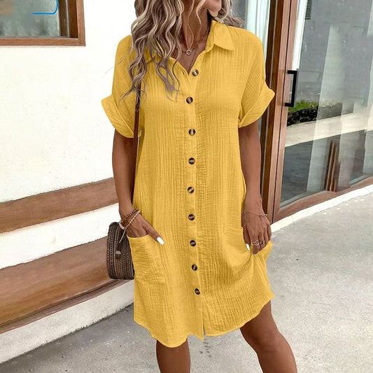 Women's Dress Summer Casual Collar Button Down Short Sleeve Tunic Shirt Dress With Pockets - sidwish