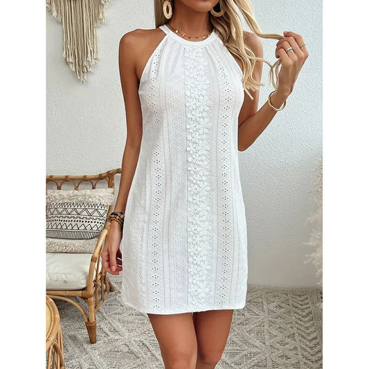 Women's Elegant Halter Neck Sleeveless Mini Dress Eyelet Embroidery A Line Short Dress - sidwish