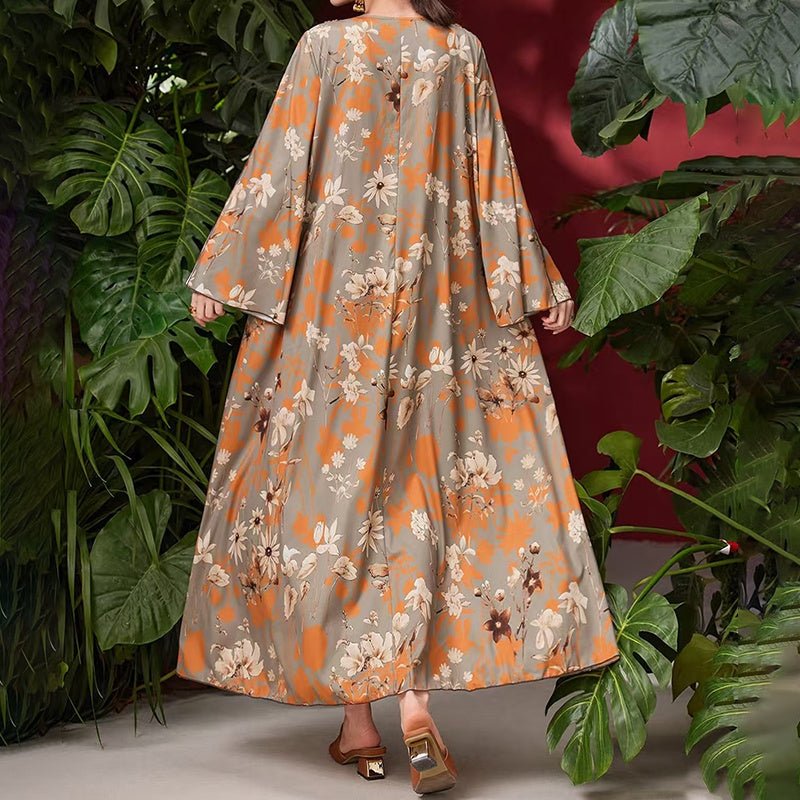 Women's Elegant Plus Size Floral Print Maxi Dress - Middle Eastern Bohemian Style Embroidery Long Dress - sidwish
