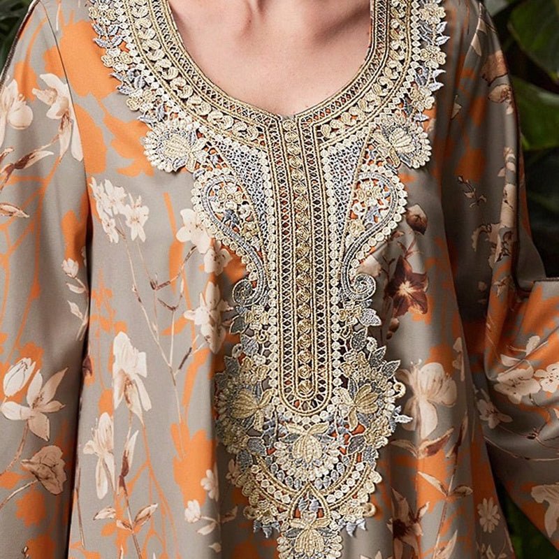 Women's Elegant Plus Size Floral Print Maxi Dress - Middle Eastern Bohemian Style Embroidery Long Dress - sidwish