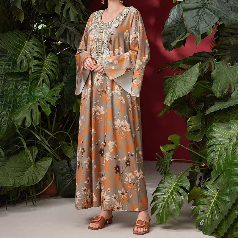 Women's Elegant Plus Size Floral Print Maxi Dress - Middle Eastern Bohemian Style Embroidery Long Dress - sidwish